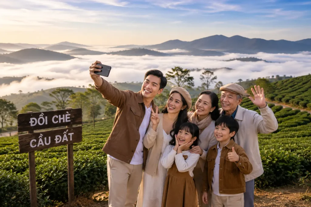 Gia đình hạnh phúc trên đồi chè
