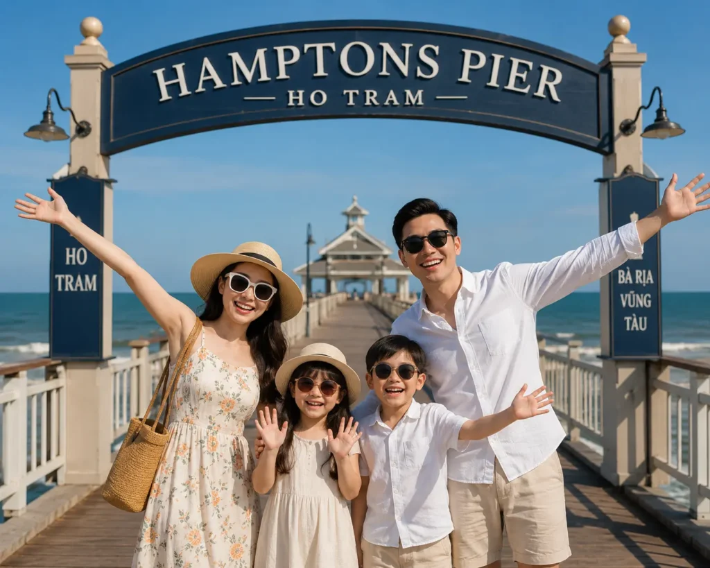 Gia đình vui vẻ tại cầu Hamptons