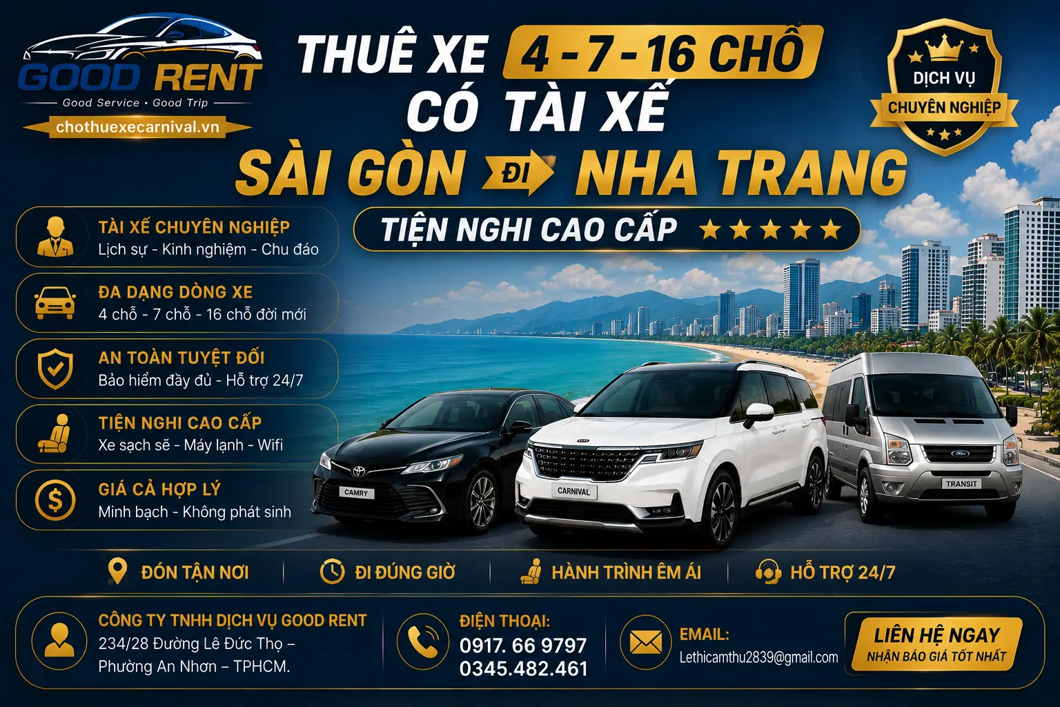 Thuê xe 4 7 16 chỗ có tài xế Sài Gòn đi Nha Trang tiện nghi cao cấp