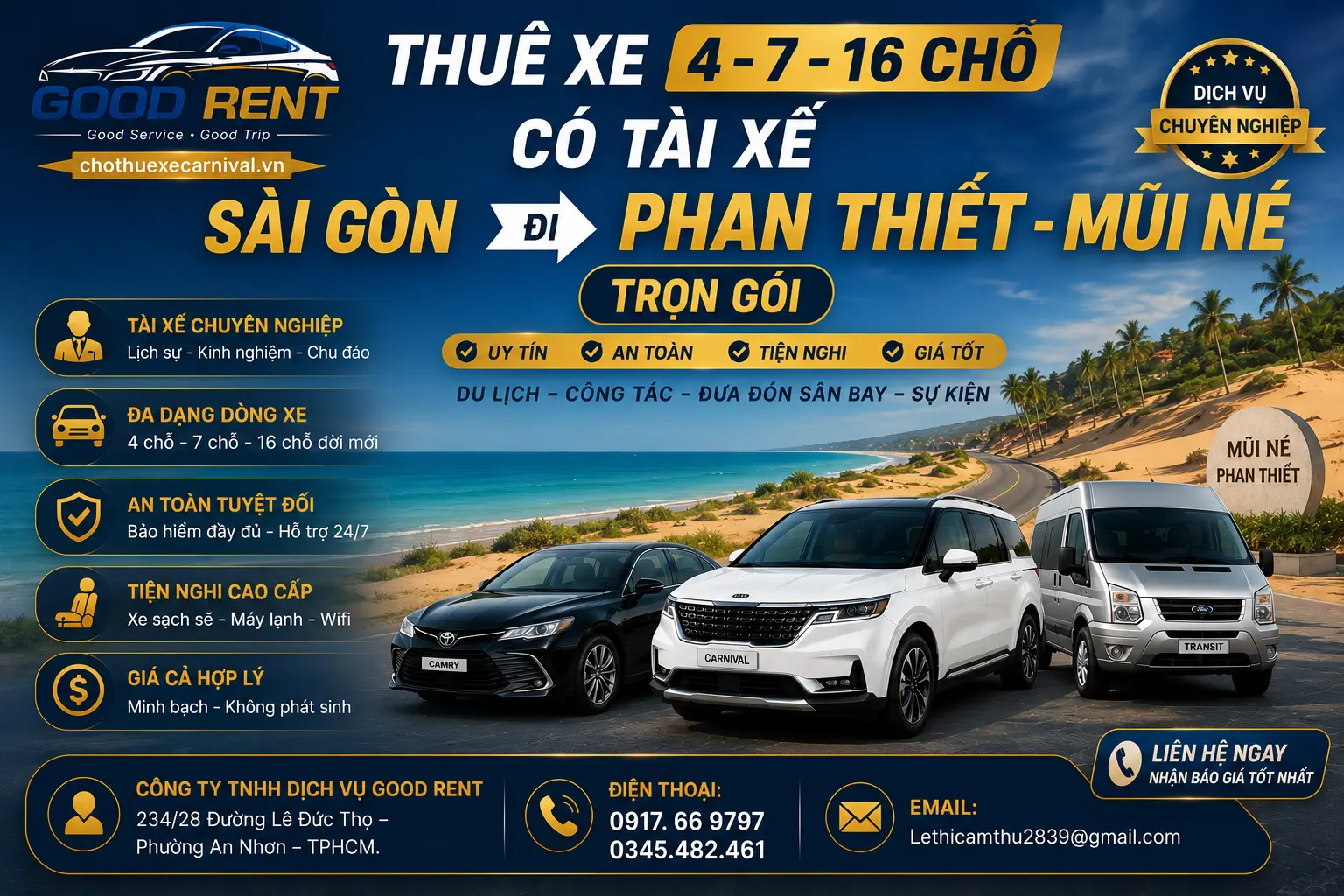 Thuê Xe 4 7 16 Chỗ Có Tài Xế Sài Gòn Đi Phan Thiết - Mũi Né Trọn Gói – Khám Phá Biển Xanh Cùng GOOD RENT 🌟 Phan Thiết - Mũi Né là thiên đường nghỉ dưỡng tuyệt đẹp tại Việt Nam. Nơi đây sở hữu những bãi biển xanh ngắt và đồi cát trắng trải dài. Từ khi tuyến cao tốc Dầu Giây - Phan Thiết khánh thành, khoảng cách di chuyển đã được rút ngắn kỷ lục. Việc đi du lịch Bình Thuận giờ đây trở nên cực kỳ dễ dàng. Tuy nhiên, việc đi xe khách tập thể thường mang lại nhiều phiền toái. Bạn phải chờ đợi lâu và phụ thuộc vào lịch trình của nhà xe. Nếu gia đình có trẻ nhỏ, việc đi chung xe đông người lại càng bất tiện. Trong khi đó, việc tự lái xe trên cao tốc đòi hỏi sự tập trung cao độ rất mệt mỏi. Lúc này, dịch vụ thuê xe 4 7 16 chỗ có tài xế Sài Gòn đi Phan Thiết - Mũi Né trọn gói chính là giải pháp số 1. Bạn sẽ có một không gian riêng tư và cực kỳ thoải mái. Cả gia đình chỉ việc ngả lưng thư giãn và ngắm cảnh dọc đường. Tại TPHCM, CÔNG TY TNHH DỊCH VỤ GOOD RENT tự hào là đơn vị vận tải hàng đầu. Chúng tôi cung cấp dàn xe đời mới cùng đội ngũ tài xế chuyên nghiệp. Hãy cùng tìm hiểu chi tiết về dịch vụ tuyệt vời này qua bài viết dưới đây nhé! 1. 🤔 Tại Sao Nên Thuê Xe Sài Gòn Đi Phan Thiết Có Tài Xế? Một chuyến đi chơi cần sự vui vẻ ngay từ lúc khởi hành. Việc thuê xe riêng mang lại những giá trị vô cùng to lớn. Dưới đây là những lý do bạn nên chọn dịch vụ thuê xe trọn gói. ⏱️ Làm Chủ Thời Gian Tuyệt Đối Khi đi xe khách, bạn bắt buộc phải tuân thủ giờ chạy cố định. Tuy nhiên, việc thuê xe riêng giúp bạn tự do quyết định giờ xuất phát. Bạn có thể ghé trạm dừng chân ăn sáng hay dừng chụp hình thoải mái. Bác tài sẽ vui vẻ chờ đợi mà không hề cằn nhằn. 💆 Tận Hưởng Sự Nghỉ Ngơi Trọn Vẹn Đường cao tốc tuy nhanh nhưng yêu cầu sự tập trung lái xe rất lớn. Việc tự cầm vô lăng sẽ tiêu hao rất nhiều thể lực của bạn. Thay vì vậy, bạn hãy giao việc lái xe cho những bác tài giàu kinh nghiệm. Bạn chỉ việc ngả ghế ngủ một giấc thật sâu cho đến nơi. 🧳 Chứa Hành Lý Và Quà Cáp Dễ Dàng Đi biển Mũi Né luôn đi kèm với vali quần áo lỉnh kỉnh. Lượt về, mọi người thường mua rất nhiều hải sản và nước mắm. Những chiếc xe 7 chỗ và 16 chỗ có khoang cốp vô cùng rộng rãi. Bạn có thể chở mọi món quà quê về nhà một cách cực kỳ gọn gàng. 🛡️ Đảm Bảo An Toàn Cho Cả Gia Đình Tài xế của dịch vụ thuê xe luôn dày dặn kinh nghiệm đường trường. Họ thông thạo mọi cung đường từ Sài Gòn ra Mũi Né. Bác tài chạy xe vô cùng điềm đạm và tuân thủ tốc độ. Vì vậy, sự an toàn của gia đình bạn luôn được bảo vệ tối đa. [Hình ảnh minh họa: Một đại gia đình đang tươi cười rạng rỡ, xếp hành lý lên chiếc xe du lịch để chuẩn bị khởi hành đi Mũi Né] 2. 🏢 Giới Thiệu CÔNG TY TNHH DỊCH VỤ GOOD RENT CÔNG TY TNHH DỊCH VỤ GOOD RENT là thương hiệu vận tải rất được yêu thích tại TPHCM. Chúng tôi đã tổ chức thành công hàng ngàn chuyến du lịch đi Phan Thiết. Niềm tin của quý khách hàng chính là tài sản quý giá nhất của công ty. 📍 Thông Tin Liên Hệ Nhận Báo Giá Trụ sở điều hành: 234/28 Đường Lê Đức Thọ – Phường An Nhơn – TPHCM. Hotline / Zalo (24/7): 0917. 66 9797 – 0345.482.461. Mục tiêu phục vụ: An Toàn – Đúng Giờ – Phục Vụ Tận Tâm. 🎯 Cam Kết Chất Lượng Của Good Rent Sứ mệnh của chúng tôi là mang lại những hành trình hoàn hảo nhất. Good Rent liên tục đầu tư nâng cấp dàn xe du lịch hiện đại. Đội ngũ nhân viên luôn phục vụ với thái độ nhiệt tình và vô cùng chuyên nghiệp. 3. 🚗 Đa Dạng Các Dòng Xe 4-7-16 Chỗ Tại Good Rent Số lượng thành viên của mỗi gia đình là hoàn toàn khác nhau. Do đó, chúng tôi cung cấp đầy đủ các dòng xe từ 4 đến 16 chỗ. Toàn bộ dàn xe đều đảm bảo mới tinh và vận hành êm ái. 🔹 Dòng Xe 4 Chỗ (Nhỏ Gọn, Tiết Kiệm Chi Phí) Dòng xe này rất phù hợp cho cặp đôi đi hưởng tuần trăng mật. Gia đình nhỏ có 1 em bé đi cùng cũng rất hợp lý. Các dòng xe: Toyota Vios, Honda City, Hyundai Accent. Ưu điểm: Giá thuê đi Phan Thiết cực kỳ rẻ. Xe chạy lướt cực êm, hệ thống máy lạnh làm mát vô cùng nhanh. 🔹 Dòng Xe 7 Chỗ (Lựa Chọn Quốc Dân Cho Gia Đình) Đây là phân khúc xe được đặt nhiều nhất cho tuyến đường biển này. Nó đáp ứng hoàn hảo cho nhóm từ 4 đến 6 hành khách. Các dòng xe: Mitsubishi Xpander, Toyota Veloz, Innova, Fortuner. Ưu điểm: Không gian ngồi vô cùng cao ráo và rộng rãi. Gầm xe cao giúp xe đầm chắc trên cao tốc. Cốp xe lớn thoải mái chứa đặc sản mang về. 🔹 Dòng Xe 16 Chỗ (Không Gian Lớn Cho Đoàn Đông) Nếu bạn tổ chức đi chơi cho nhóm bạn thân hay phòng ban công ty, đây là giải pháp tốt nhất. Các dòng xe: Ford Transit, Hyundai Solati đời mới. Ưu điểm: Sức chứa hành khách rất lớn. Trần xe cao giúp mọi người di chuyển bên trong cực kỳ dễ dàng. Việc chia tiền thuê xe cho 15 người lại trở nên siêu tiết kiệm. [Hình ảnh minh họa: Dàn xe 4 chỗ, 7 chỗ và 16 chỗ của Good Rent đỗ ngay ngắn thành hàng, sẵn sàng đón khách đi tour] 4. 🌟 Các Gói Thuê Xe Đi Phan Thiết - Mũi Né Đang Được Yêu Thích Nhu cầu đi nghỉ mát của khách hàng luôn vô cùng đa dạng. Vì thế, Good Rent đã thiết kế các gói dịch vụ cực kỳ linh hoạt. Bạn có thể tham khảo các gói phổ biến dưới đây. 🛣️ Gói Xe Đưa Đón 1 Chiều TPHCM - Mũi Né Gói dịch vụ này dành cho những gia đình muốn ở lại resort nhiều ngày. Bác tài sẽ đón bạn tại TPHCM và đưa đến tận cửa khách sạn. Sau đó, xe sẽ quay trở lại Sài Gòn ngay. Nhờ vậy, bạn sẽ tiết kiệm được rất nhiều chi phí lưu xe qua đêm. 🏖️ Gói Xe Đi Du Lịch 2 Ngày 1 Đêm (Khám Phá Cuối Tuần) Đây là gói dịch vụ lý tưởng cho những người bận rộn. Bạn sẽ có trọn vẹn 2 ngày khám phá Phan Thiết. Bác tài sẽ túc trực chở bạn đi trượt cát Bàu Trắng. Hoặc xe đưa bạn đi ăn hải sản dọc bờ kè Mũi Né vô cùng tiện lợi. 🏝️ Gói Xe Nghỉ Dưỡng 3 Ngày 2 Đêm Trọn Gói Khoảng thời gian này là tuyệt vời nhất để trải nghiệm trọn vẹn Bình Thuận. Bác tài sẽ lưu lại cùng đoàn qua 2 đêm. Xe sẽ chở bạn đi Suối Tiên, đi Hòn Rơm hoặc đi thăm tháp chàm Poshanư thoải mái. 5. 💎 Tại Sao Khách Hàng Luôn Ưu Tiên Chọn Good Rent? Trên thị trường có rất nhiều cá nhân cho thuê xe chạy dịch vụ. Tuy nhiên, việc đặt xe tại công ty Good Rent mang lại những giá trị vượt trội. Điều này bắt nguồn từ 5 cam kết vàng sau đây. 1️⃣ Cam Kết Sử Dụng Xe Đời Mới 100% Chúng tôi tuyệt đối không sử dụng xe đời cũ để phục vụ quý khách. Toàn bộ xe đều được sản xuất từ năm 2021 trở lên. Máy móc vận hành cực kỳ mạnh mẽ trên cao tốc. Hệ thống an toàn luôn hoạt động hoàn hảo. 2️⃣ Không Gian Xe Thơm Tho, Tuyệt Đối Sạch Sẽ Rất nhiều khách hàng bị say xe do mùi hôi của ô tô. Thấu hiểu điều đó, chúng tôi vệ sinh nội thất cực kỳ kỹ lưỡng. Xe luôn được khử mùi hải sản của chuyến trước. Tinh dầu sả chanh mang lại cảm giác vô cùng thư giãn. 3️⃣ "Bác Tài" Chuẩn Mực Và Lái Xe Điềm Đạm Tài xế của Good Rent cực kỳ thông thạo đường xá ra Phan Thiết. Bác tài luôn chạy đúng tốc độ 120km/h trên cao tốc, không chuyển làn ẩu. Hơn nữa, thái độ phục vụ luôn niềm nở và vui vẻ. Bác tài sẽ chủ động khuân vác vali nặng giúp bạn. 4️⃣ Bảng Giá Trọn Gói, Tuyệt Đối Không Phát Sinh Vấn đề chi phí tại Good Rent luôn được minh bạch ngay từ đầu. Báo giá gửi cho bạn đã bao trọn gói tiền xăng, lương tài xế và vé BOT cao tốc. Bạn sẽ không bao giờ bị thu thêm bất kỳ khoản phí vô lý nào dọc đường. 5️⃣ Hỗ Trợ Xuất Hóa Đơn Cho Doanh Nghiệp Nếu bạn thuê xe cho công ty đi team building, hóa đơn là điều bắt buộc. Good Rent hỗ trợ xuất hóa đơn điện tử VAT (8%) cực kỳ nhanh chóng. Kế toán của bạn sẽ làm việc rất dễ dàng và thuận tiện. 6. 🗺️ Gợi Ý Lịch Trình Khám Phá Mũi Né 3 Ngày 2 Đêm Cực Hot Mũi Né không chỉ có bãi biển mà còn rất nhiều danh thắng. Hãy để Good Rent gợi ý cho bạn một lịch trình di chuyển tối ưu nhất nhé. 🌅 Ngày 1: Nhận Phòng Resort Và Thưởng Thức Hải Sản 07h00: Bác tài đón gia đình tại nhà. Xe tiến thẳng vào cao tốc. 10h00: Đến thành phố Phan Thiết. Xe chở đoàn đi ăn trưa món lẩu thả đặc sản. 12h30: Di chuyển ra khu vực Mũi Né. Check-in resort và nghỉ ngơi. 15h00: Cả nhà ra tắm biển, tận hưởng hồ bơi tại khách sạn. 18h30: Xe đưa gia đình ra khu Bờ Kè Nguyễn Đình Chiểu ăn hải sản tươi sống. 📸 Ngày 2: Săn Bình Minh Bàu Trắng Và Lội Suối Tiên 04h30: Bác tài chở đoàn đi đồi cát Bàu Trắng ngắm bình minh tuyệt đẹp. 08h00: Quay về resort ăn sáng buffet. 10h00: Xe chở đoàn đi lội nước tại Suối Tiên với thạch nhũ cát đỏ rực. 12h00: Ăn trưa tại nhà hàng. Chiều tự do nghỉ dưỡng. 18h00: Xe đưa đoàn vào trung tâm Phan Thiết ăn bánh canh chả cá, cháo hàu. 🛍️ Ngày 3: Mua Sắm Đặc Sản Và Về Lại Sài Gòn 08h00: Ăn sáng và thưởng thức cafe ngắm biển. 10h00: Xe chở đoàn ghé Làng Chài Mũi Né xem cảnh tàu thuyền cập bến. 11h30: Trả phòng khách sạn. Xe đưa đoàn đi mua nước mắm, mực một nắng làm quà. 13h30: Lên xe du lịch mát rượi ngủ một giấc thật sâu quay về TPHCM. [Hình ảnh minh họa: Du khách đang vui vẻ ngồi trên chiếc xe Jeep chạy dọc đồi cát trắng Bàu Trắng dưới bầu trời xanh ngắt] 7. 💵 Thuê Xe Đi Phan Thiết - Mũi Né Giá Bao Nhiêu? Chi phí di chuyển luôn là điều khách hàng quan tâm trước mỗi kỳ nghỉ. Tại Good Rent, giá cước được tính toán vô cùng hợp lý dựa trên 3 tiêu chí cốt lõi. Đầu tiên là dòng xe bạn lựa chọn. Việc chọn xe 4 chỗ và 7 chỗ luôn mang lại mức giá tiết kiệm nhất. Tuy nhiên, nếu bạn đi nhóm khoảng 10-12 người, việc thuê chiếc xe 16 chỗ sẽ giúp tối ưu chi phí cực kỳ hiệu quả. Thứ hai là lịch trình di chuyển. Phan Thiết và Mũi Né cách nhau khoảng 20 kilomet. Nếu bạn ở tuốt trong khu vực Mũi Né hoặc Hòn Rơm, giá xe sẽ cao hơn một chút so với việc bạn chỉ ở trung tâm thành phố Phan Thiết. Thứ ba là thời gian sử dụng xe. Gói thuê xe 1 chiều luôn có mức giá rẻ nhất. Nếu bạn chọn thuê xe ở lại qua đêm (2 ngày hoặc 3 ngày), công ty sẽ thu thêm một chút phụ phí. Phụ phí này dùng để hỗ trợ tiền ăn ở cho tài xế tại Mũi Né. 👉 Mẹo nhỏ nhận giá siêu rẻ: Để có báo giá chính xác nhất, bạn hãy nhắn tin lịch trình qua Zalo 0917. 66 9797. Nhân viên điều hành sẽ tính toán và gửi báo giá ngay lập tức! 8. 💡 3 Kinh Nghiệm Vàng Khi Thuê Xe Tắm Biển Bình Thuận Bạn muốn chuyến đi chơi biển của mình diễn ra suôn sẻ nhất? Hãy bỏ túi ngay 3 kinh nghiệm vô cùng quý báu dưới đây. Đặt Xe Thật Sớm Vào Mùa Hè Vào những tháng hè nắng nóng, các dòng xe 7 chỗ và 16 chỗ rất dễ rơi vào tình trạng "cháy xe". Do đó, bạn nên đặt cọc giữ xe trước ít nhất 1 tuần. Việc này giúp bạn chọn được chiếc xe mới nhất và có mức giá bình ổn nhất. Thỏa Thuận Việc Lưu Trú Của Bác Tài Nếu bạn thuê xe nhiều ngày và ở khách sạn 5 sao, thường sẽ không có phòng nội bộ cho tài xế. Bạn hãy bàn bạc trước với nhà xe. Bạn chỉ cần đóng thêm phụ thu lưu đêm khoảng 300k. Good Rent sẽ tự sắp xếp nhà nghỉ bên ngoài cho bác tài. Đóng Gói Nước Mắm Thật Kỹ Đặc sản Mũi Né là nước mắm nhĩ cực ngon. Tuy nhiên, nếu nước mắm bị đổ ra xe sẽ để lại mùi hôi vĩnh viễn. Bạn hãy dặn chủ cơ sở quấn băng keo nắp chai thật kỹ và bọc nhiều lớp nilon. Bác tài của chúng tôi sẽ lót sẵn bạt nhựa trong cốp để bảo vệ xe an toàn. 9. 📝 Quy Trình 4 Bước Đặt Thuê Xe Siêu Nhanh Chóng Chúng tôi đã tối giản hóa mọi thủ tục để tiết kiệm thời gian của bạn. Việc chốt xe tại Good Rent chỉ mất đúng 5 phút với 4 bước sau: Bước 1: Gọi điện nhận tư vấn. Quý khách nhấc máy gọi Hotline 0917. 66 9797. Vui lòng cung cấp ngày đi, điểm đón, tên resort ở Mũi Né và loại xe mong muốn. Bước 2: Nhận báo giá trọn gói. Nhân viên sẽ gửi bảng báo giá chi tiết qua tin nhắn Zalo. Chúng tôi đính kèm hình ảnh thực tế của xe để bạn dễ dàng lựa chọn. Bước 3: Chốt lịch và xác nhận. Khi bạn đồng ý mức giá, hệ thống sẽ chốt xe ngay. Bạn chuyển một khoản cọc nhỏ để lên lịch. Trước ngày đi, thông tin biển số xe và bác tài sẽ được gửi đến bạn. Bước 4: Tận hưởng kỳ nghỉ dưỡng. Đúng giờ hẹn, bác tài sẽ đón bạn trước cửa nhà. Chuyến đi tắm biển hoàn tất bình an, bạn mới thanh toán phần tiền cước còn lại. 10. 🗣️ Đánh Giá Thực Tế Từ Khách Hàng Của Good Rent Sự tin yêu của khách hàng là động lực to lớn của công ty. Dưới đây là những đánh giá chân thực nhất từ những người đã trải nghiệm dịch vụ. Anh Thế Hưng (Quận Tân Phú): "Lễ rồi nhà anh mướn chiếc Xpander đi Mũi Né 3 ngày 2 đêm. Xe chạy cực kỳ êm ái trên cao tốc, máy lạnh thì buốt luôn. Bác tài tên Tâm rành đường lắm, còn chỉ chỗ mua hải sản ngay bờ kè rất rẻ. Lần sau đi biển chắc chắn gọi lại Good Rent." Chị Thảo Tiên (Quận 7): "Công ty chị đi đông nên thuê chiếc 16 chỗ Solati. Công nhận xe đời mới rộng rãi thoáng mát ghê. Mấy bạn nhân viên hát hò trên xe vui vẻ mà không hề bị say sóng. Lúc về công ty xuất hóa đơn đỏ cực kỳ lẹ. Dịch vụ quá chuyên nghiệp." Chú Quang Cường (Quận Bình Thạnh): "Chú có tuổi nên sợ đi xe khách mệt mỏi. Sắp nhỏ gọi mướn xe 7 chỗ Fortuner bên cháu đưa chú đi nghỉ dưỡng. Bác tài đến đón cực kỳ đúng giờ. Lái xe hiền lành, từ tốn. Chú ngồi trên xe ngả ghế ngủ một giấc là tới nơi. Cực kỳ hài lòng." 11. ❓ Câu Hỏi Thường Gặp (FAQ) Tuyến Sài Gòn - Phan Thiết Hỏi: Trên đường đi Mũi Né, xe có dừng trạm để mọi người ăn sáng và đi vệ sinh không? ✅ Đáp: Dạ chắc chắn rồi ạ. Bác tài sẽ chủ động ghé trạm dừng chân lớn trên cao tốc Dầu Giây. Hoặc xe ghé các quán ăn ngon dọc đường để gia đình thoải mái ăn sáng và nghỉ ngơi trước khi đến Phan Thiết nhé. Hỏi: Nếu tôi thuê xe trọn gói 3 ngày 2 đêm, bác tài có chở đi tham quan đồi cát không? ✅ Đáp: Gói xe lưu đêm của Good Rent đã bao gồm sẵn việc di chuyển tham quan các điểm nổi tiếng tại Mũi Né (như Bàu Trắng, Suối Tiên). Bác tài sẽ vui vẻ chở gia đình đi chơi và đi ăn hải sản mà không thu thêm bất kỳ khoản phí phát sinh nào ạ. Hỏi: Nhà tôi đi 6 người lớn và mang theo rất nhiều hành lý, nên thuê xe 7 chỗ hay 16 chỗ? ✅ Đáp: Dạ nếu đi đủ 6 người lớn, khi ngồi lên xe 7 chỗ sẽ phải mở hết 3 hàng ghế. Lúc này, cốp xe 7 chỗ sẽ còn rất nhỏ, không chứa đủ nhiều vali. Để chuyến đi êm ái và thoải mái nhất, Good Rent khuyên gia đình nên thuê hẳn một chiếc 16 chỗ nhé. 🏆 TỔNG KẾT: HÀNH TRÌNH BIỂN XANH - ĐONG ĐẦY HẠNH PHÚC CÙNG GOOD RENT Kỳ nghỉ tại vùng biển Mũi Né đầy nắng gió sẽ giúp bạn xua tan mọi áp lực. Đừng để sự chật chội của xe khách hay sự căng thẳng khi tự lái xe phá hỏng những giây phút tuyệt vời đó. Dịch vụ thuê xe 4 7 16 chỗ có tài xế Sài Gòn đi Phan Thiết - Mũi Né trọn gói của CÔNG TY TNHH DỊCH VỤ GOOD RENT chính là sự lựa chọn hoàn hảo nhất. Chúng tôi cam kết mang đến cho bạn một không gian di chuyển êm ái, an toàn và cực kỳ đẳng cấp. Nhiệm vụ của bạn bây giờ là chuẩn bị những bộ quần áo đi biển thật lộng lẫy. Việc túc trực chờ đợi và lái xe an toàn trên cao tốc xin hãy giao phó cho những chuyên gia của Good Rent. Cuối tuần này gia đình bạn đã sẵn sàng đón gió biển chưa? Hãy nhấc máy lên và gọi cho chúng tôi ngay hôm nay để nhận báo giá siêu ưu đãi nhé! 📌 THÔNG TIN LIÊN HỆ ĐẶT XE ĐI PHAN THIẾT - MŨI NÉ: 🏢 CÔNG TY TNHH DỊCH VỤ GOOD RENT 🏠 Địa chỉ: 234/28 Đường Lê Đức Thọ – Phường An Nhơn – TPHCM. ☎️ Hotline / Zalo (24/24): 0917. 66 9797 – 0345.482.461 🤝 Cam kết thương hiệu: Xe Đời Mới 100% - Bác Tài Lịch Sự - Giá Trọn Gói - Gọi Là Có Ngay!